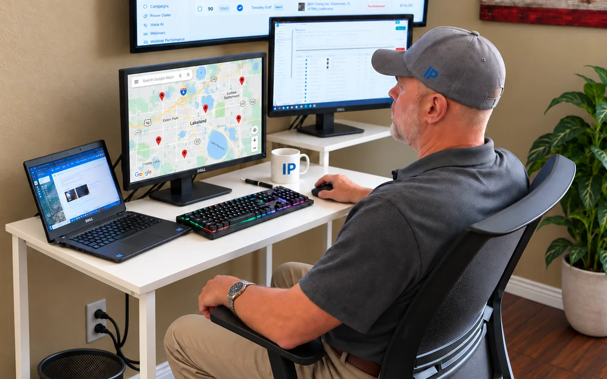Man in a gray IP cap at a desk with a laptop and monitors, one showing a Google map of Lakeland with red location pins