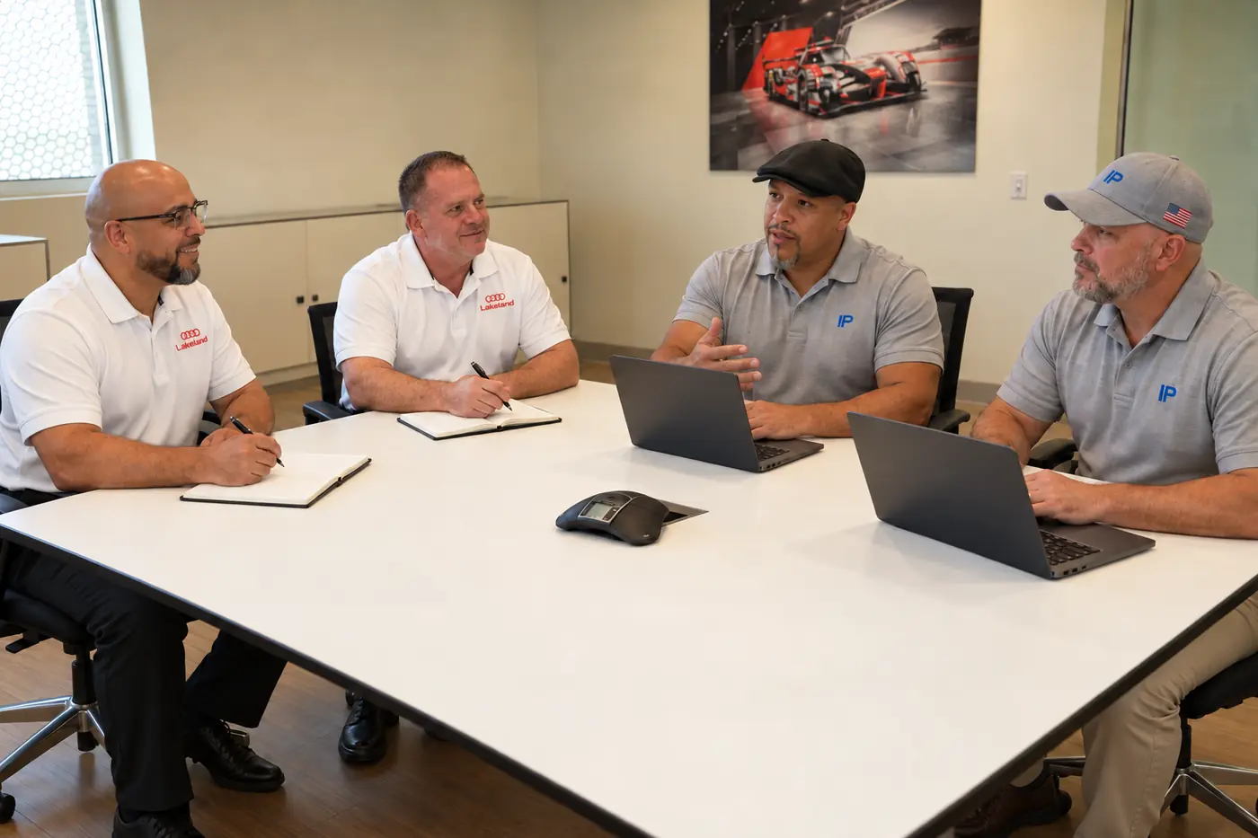 Four Insight Pros team members meeting around a conference table with laptops