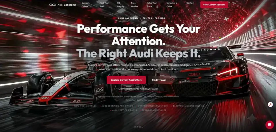 Concept dealership landing page with a race car and the headline Performance gets your attention