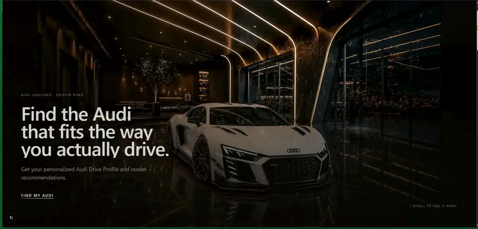 Concept dealership page with a dark showroom and the headline Find the car that fits the way you drive
