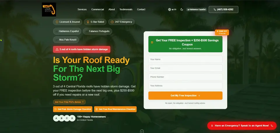 Florida Precision Roofing landing page with a free inspection form beside the headline Is your roof ready for the next big storm