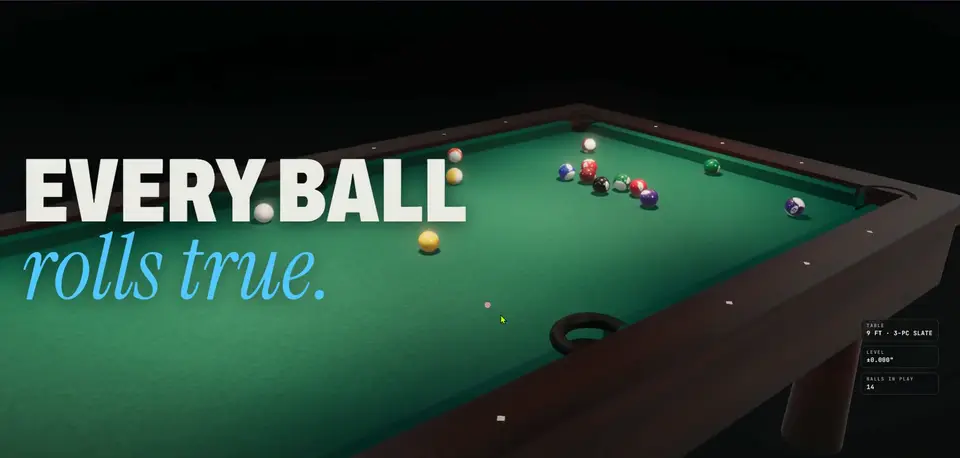 Showcase Installations website hero with a billiard table and the headline Every ball rolls true